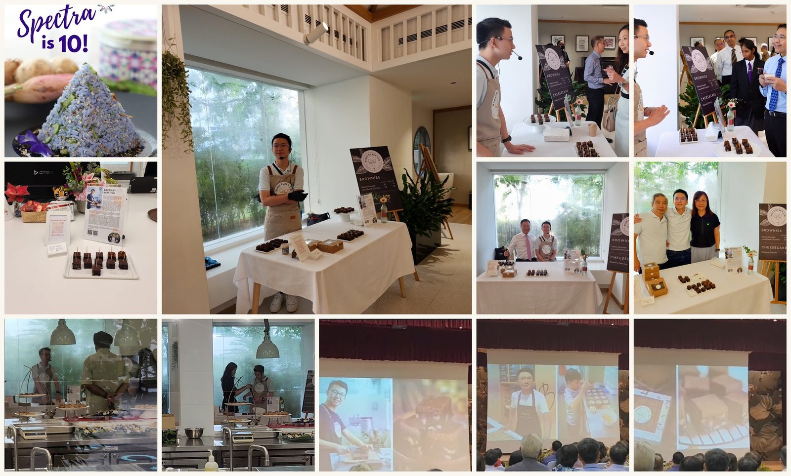 Collage of Ben showcasing his brownies to VVIPs at Spectra Secondary School's 10th anniversary