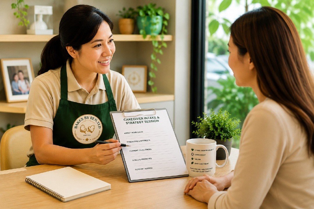 A caregiver reviewing a Caregiver Intake and Strategy Session form