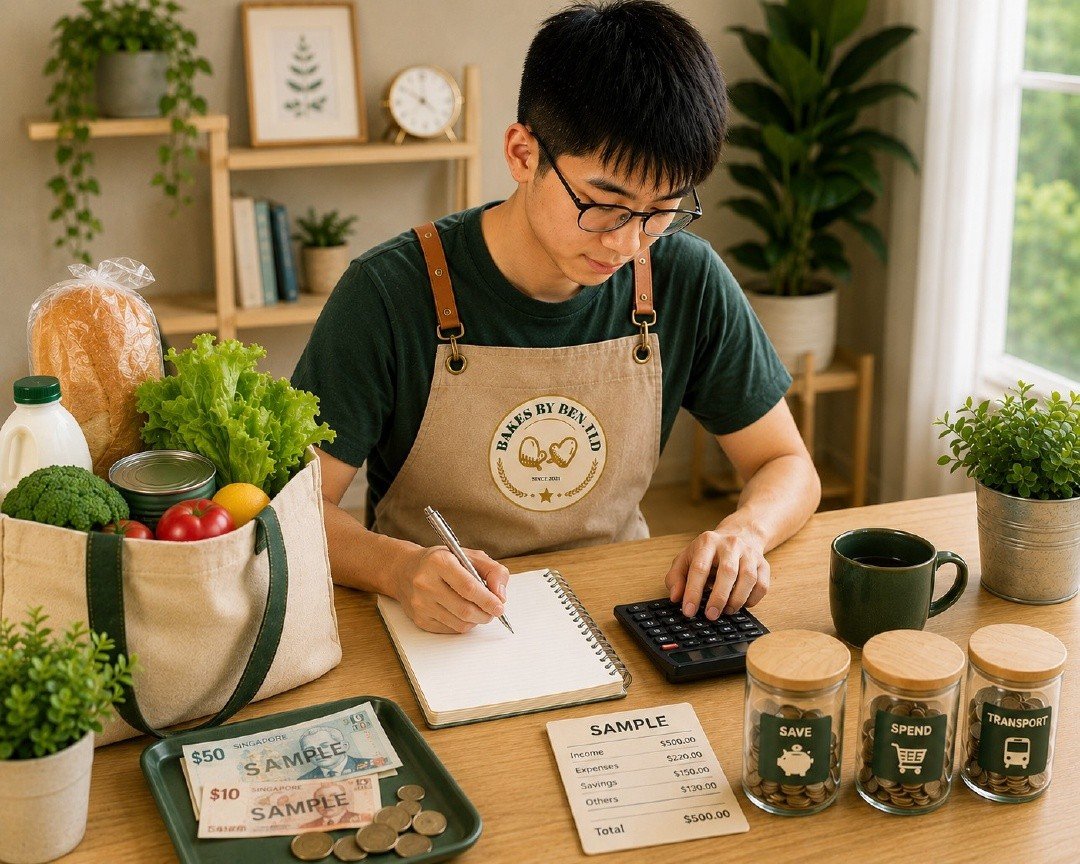A young man budgeting groceries and savings with a notebook and calculator